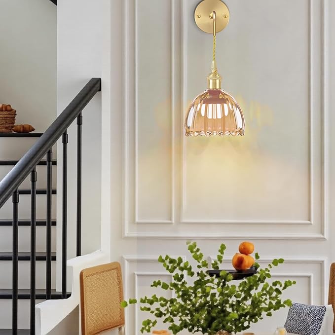 Battery Operated Wall Sconce CCT Dimmable Wireless Sconce, Vintage Light Fixture with Tulip Glass Lampshade Wall Decor for Living Room Bedroom Bedside 1PC Amber