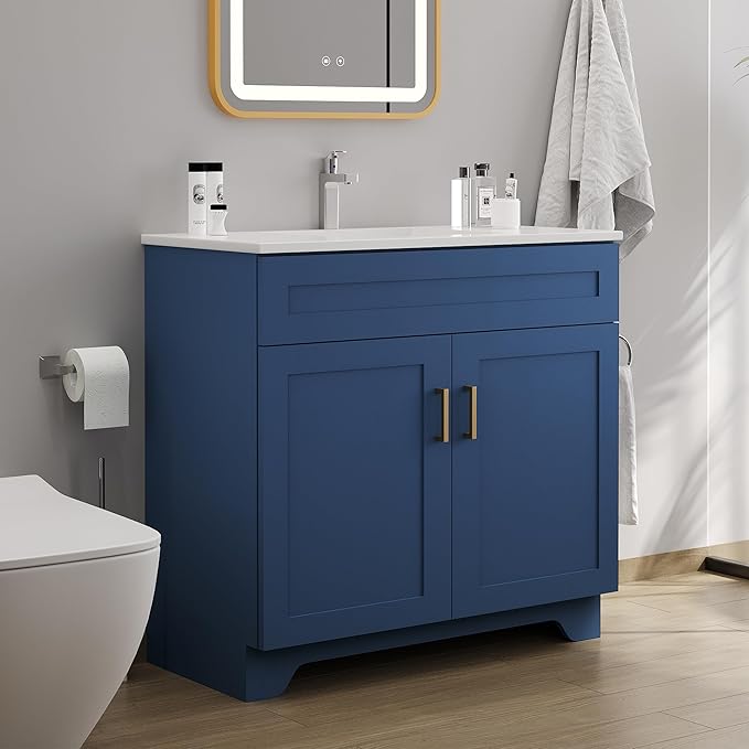 Bathroom 36" Vanity with Ceramic Sink, Wooden Double Door Bathroom Storage Cabinet, Freestanding Cabinet Vanity with Sink (Paint, Blue,36")