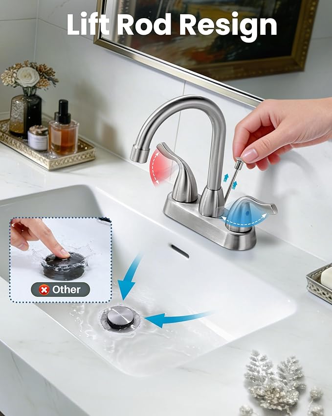 ARCORA 2 Handle Modern Bathroom Faucet Brushed Nickel, 4 Inch Centerset Bathroom Faucet with Drain Assembly and Supply Hoses, 3 Holes Faucet for Bathroom Sink