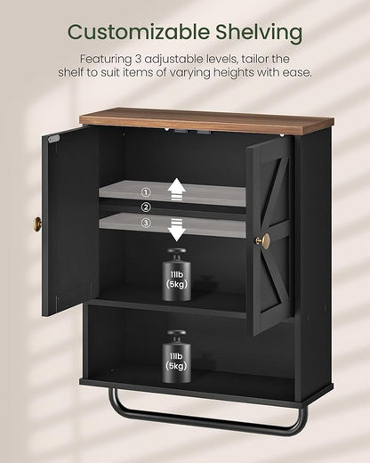 Bathroom Wall Cabinet, Medicine Cabinet with Open Partition and Towel Bar, Rustic Storage Cabinet with Open and Hidden Storage Space, for Bathroom, Living Room, Kitchen, Black and Walnut