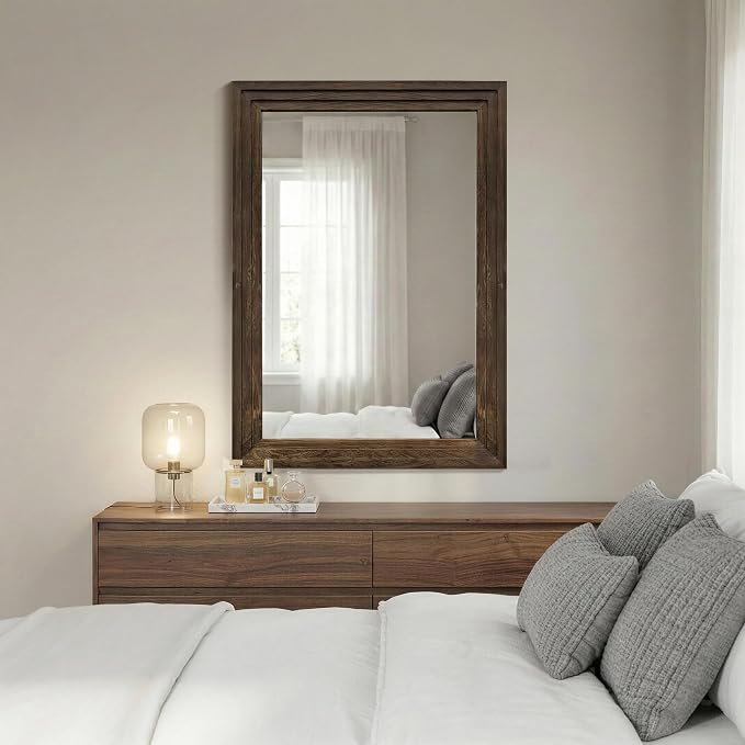 Farmhouse Rustic Wood Framed Bathroom Vanity Mirror for Wall, 20x30, Brown | Recessed Stepped Solid Wood Frame, HD Shatterproof Glass, Vertical/Horizontal Mount, for Bathroom Sink, Living Room, Entryway