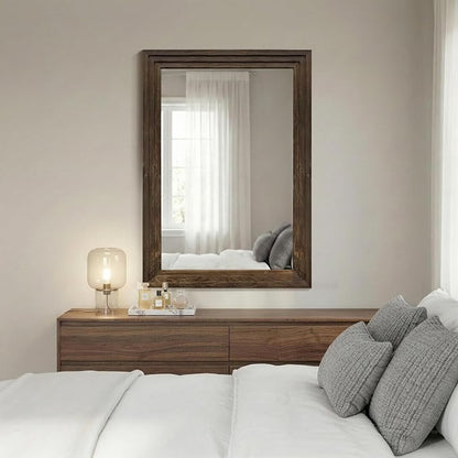 Farmhouse Rustic Wood Framed Bathroom Vanity Mirror for Wall, 20x30, Brown | Recessed Stepped Solid Wood Frame, HD Shatterproof Glass, Vertical/Horizontal Mount, for Bathroom Sink, Living Room, Entryway