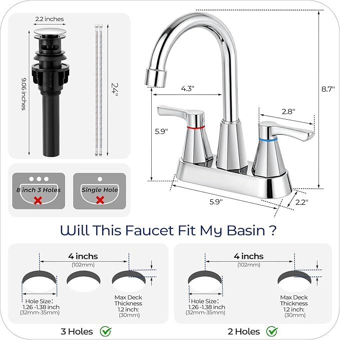 Polished Chrome Bathroom Faucet 3 Hole, 4 Inch 2-Handle Centerset Bathroom Sink Faucet, Faucet for Bathroom Sink 360° Swivel Bathroom Faucets RV Lavatory Vanity Faucet with Pop-up Drain