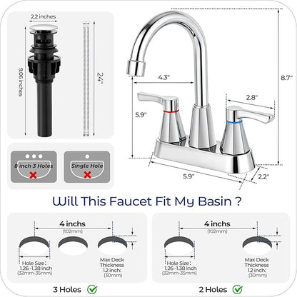 Polished Chrome Bathroom Faucet 3 Hole, 4 Inch 2-Handle Centerset Bathroom Sink Faucet, Faucet for Bathroom Sink 360° Swivel Bathroom Faucets RV Lavatory Vanity Faucet with Pop-up Drain