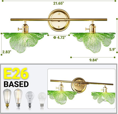 2 Light Vintage Wall Sconces with Glass Shades,Vanity Light,Bathroom Light,Wall Lighting Fixture for Mirror,Home Decor Art Wall Light (Golden+Green, 2-Lights)