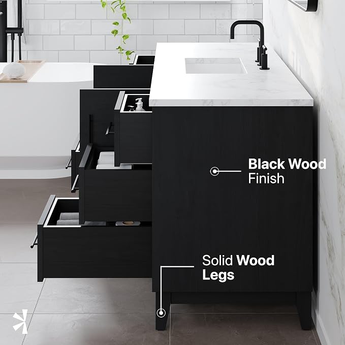 Graham 60 in. Blackwood Single Sink Bath Vanity with Arabescato Engineered Stone Top and Undermount Porcelain Sink