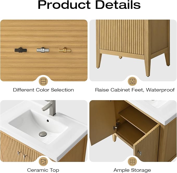 Vanity Art 30 inch Oak Bathroom Vanity with Single Sink & Ceramic Top, Vanity Cabinet with Soft-Closing Door, Solid Wood Frame, Linear Pattern, Natural Oak, VA9130-NO-MB,Matte Black Handles