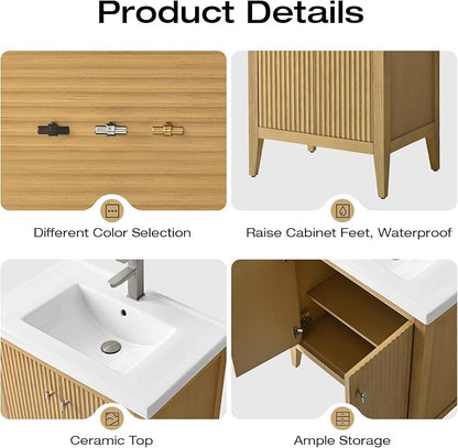 Vanity Art 30 inch Oak Bathroom Vanity with Single Sink & Ceramic Top, Vanity Cabinet with Soft-Closing Door, Solid Wood Frame, Linear Pattern, Natural Oak, VA9130-NO-MB,Matte Black Handles