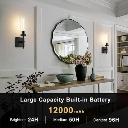 Black Wireless Wall Sconces with Remote Control, Battery Operated Wall Sconce Set of 2, Rechargeable Dimmable Wall Lights for Bedroom Living Room Bathroom Hallway Entryway Stairwell, 3000K