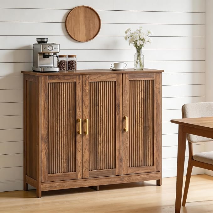 Wood Buffet Storage Cabinet, 3-Door Sideboard Credenza with Fluted Doors & Adjustable Shelves, Freestanding Coffee Bar Cabinet for Kitchen, Living Room, Walnut Brown