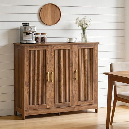 Wood Buffet Storage Cabinet, 3-Door Sideboard Credenza with Fluted Doors & Adjustable Shelves, Freestanding Coffee Bar Cabinet for Kitchen, Living Room, Walnut Brown