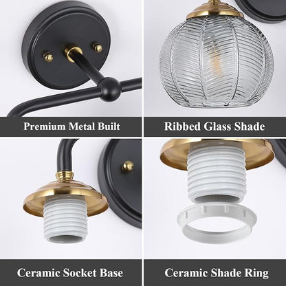 Mecgirn Bathroom Vanity Light Fixtures, 2-Light Smoky Gray Glass Shade, Modern Black and Gold Wall Sconce, Unique Textured Leaf Pattern, Ceramic E26 Sockets Wall Mounted for Mirror, Cabinet, Hallway