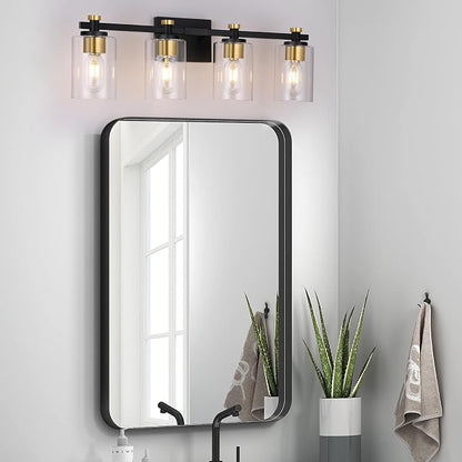 4 Light Bathroom Light Fixtures, Black and Gold Bathroom Vanity Light with Clear Glass Shade, Modern Bathroom Lights Over Mirror Wall Sconce, Brushed Gold Vanity Lights for Bathroom