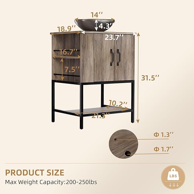 VNN Small Bathroom Vanity with Sink - 24 Inch Vanity with Sink, Freestanding Cabinet with Open Shelf, Modern Iron Wood Bathroom Cabinet with Countertop Tempered Glass Vessel, Grey