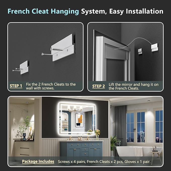 55x30 LED Bathroom Mirror, Backlit & Front Lit Lighted Mirror | Anti-Fog Vanity Mirror with Lights, 3 Color Dimmable, Memory, Shatterproof, Tempered Glass, CRI95, UL Listed, Wall Mounted