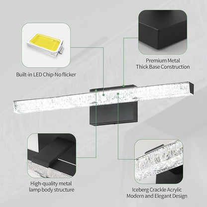 Black Vanity Lights for Bathroom, 24 Inch Modern Bathroom Light Fixtures Over Mirror, Iceberg Crack Acrylic LED Wall Sconce, 5500K Cool White Linear Lighting for Mirror Cabinet, Non-Dimmable