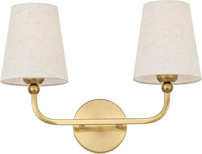 2-Light Bathroom Light Fixtures, Brushed Gold Vanity Lights, Double Wall Sconce with Linen Fabric Shade, Modern Sconces Wall Lighting for Hallway Bedroom Stairway, VL837-BG-A-2