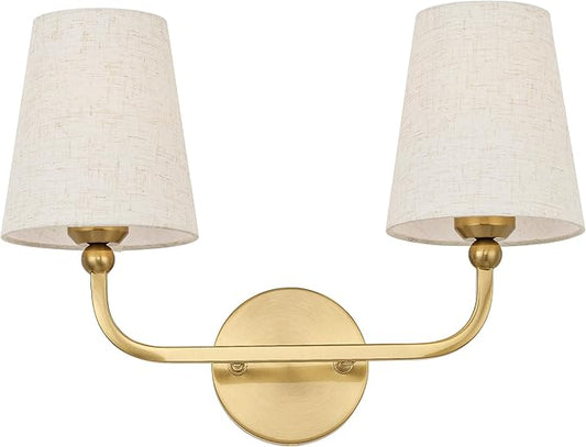 2-Light Bathroom Light Fixtures, Brushed Gold Vanity Lights, Double Wall Sconce with Linen Fabric Shade, Modern Sconces Wall Lighting for Hallway Bedroom Stairway, VL837-BG-A-2