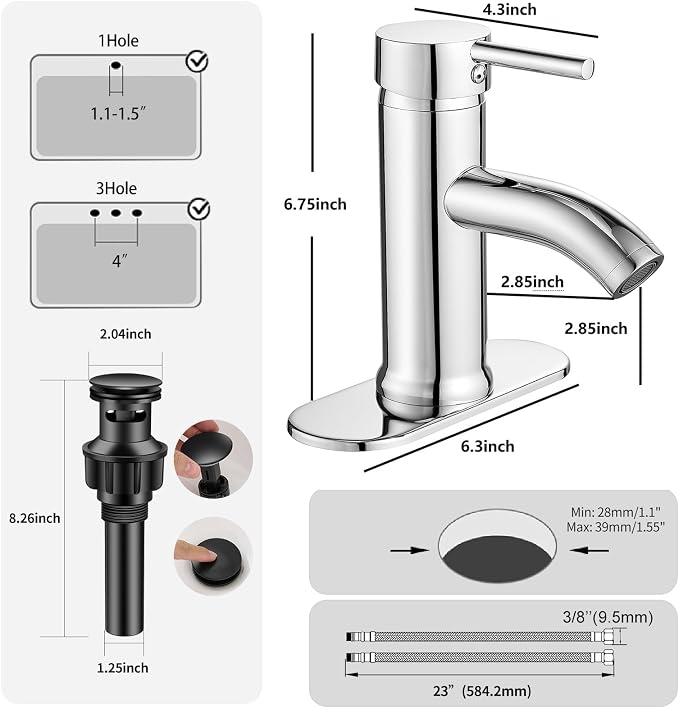 Chrome Bathroom Faucets Single Hole Bathroom Sink Faucet | Modern Single Handle Bathroom Faucte 1 or 3 Hole, RV Sink Vanity Faucet (with Drain, Chrome)