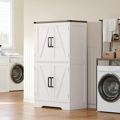 Treocho Farmhouse Bathroom Floor Cabinet with Adjustable Shelves | 11.81"D x 23.62"W x 43.46"H, Freestanding Kitchen Pantry Cabinet, Cupboard for Living Room, Dining Room, White