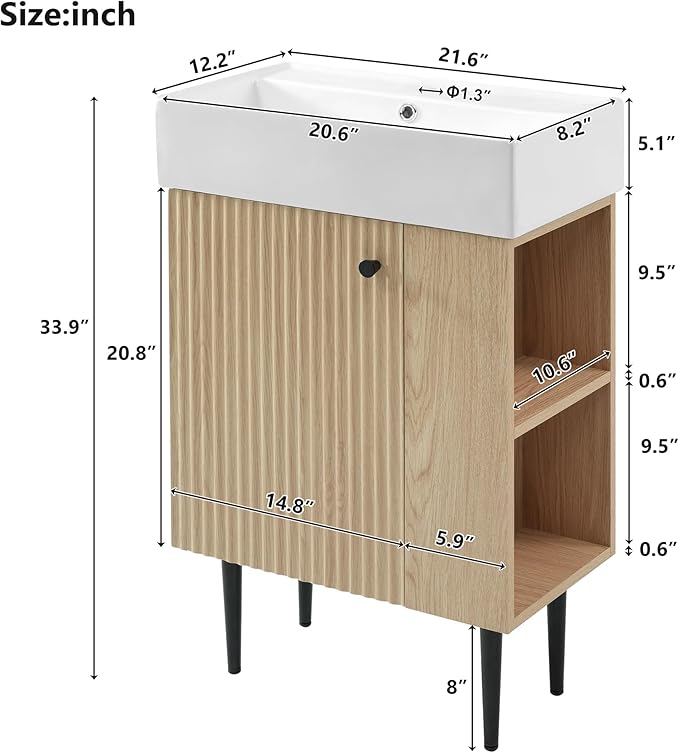 21.6 in Small Bathroom Vanity with Sink,Doors and Storage Shelves,Wood Modern Single Fluted Bathroom Sink Cabinet Freestanding (Natural Wood,Right Shelf)