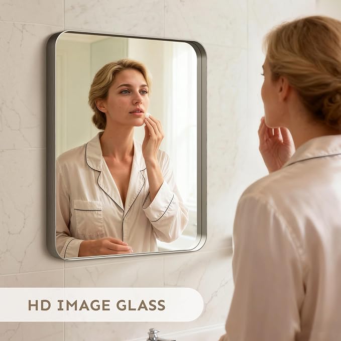 20"x16" Bathroom Mirror, Rounded Rectangle Vanity Mirror | Anti-Rust Aluminum Framed, Wall Mounted Mirror for Over Sink, Hangs Horizontally or Vertically, Brushed Nickel