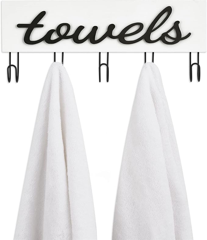 Mkono Wall Mounted Towel Rack, 5 Hooks Rustic Wood Bathroom Towel Hanger | Farmhouse Decor, Space Saving, Decorative Letter Design, Easy Install, Sturdy, Hang Bathrobe clothes, Shower Accessories