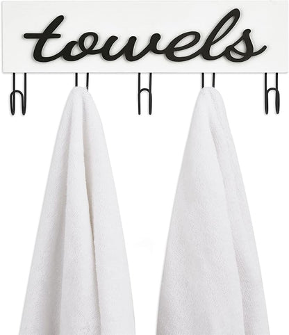 Mkono Wall Mounted Towel Rack, 5 Hooks Rustic Wood Bathroom Towel Hanger | Farmhouse Decor, Space Saving, Decorative Letter Design, Easy Install, Sturdy, Hang Bathrobe clothes, Shower Accessories