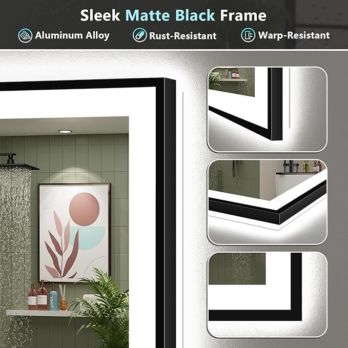 44x30 Black Framed LED Bathroom Mirror with Lights, Backlit and Front Lit Anti-Fog Lighted Vanity Mirrors for Bathroom Wall, Dimmable, 3 Colors, Memory, HD Tempered Glass, Horizontal/Vertical