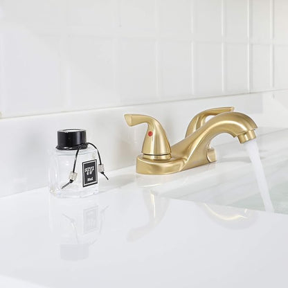Brushed Gold Bathroom Faucet 4 Inch Centerset for Lavatory Sink | Mid Arc, 2 Handle Lead-Free RV Bathroom Faucet with Metal Pop Up Drain Supply Lines, for 2 or 3 Hole Lavatory Utility Sink
