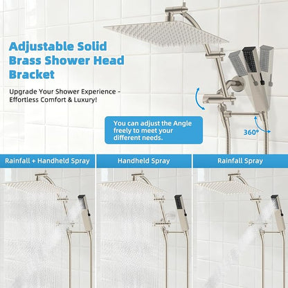 Hibbent All Metal CUPC Certified 12'' Rainfall Shower Head, Dual Shower Head Combo, High Pressure Handheld 4 Sprays Shower Wand, 16'' Adjustable Extension Arm, 71'' Hose, Shower Holder, Brushed Nickel