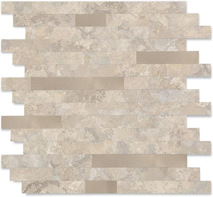 Yipscazo 10 Sheets Peel and Stick Stone Metal Tile Backsplash, Stick on Tiles for Backsplash Kitchen, Bathroom, Laundry Room, Camper, Fireplace (12'' X 12'', Beige Stone with Gold Metal)