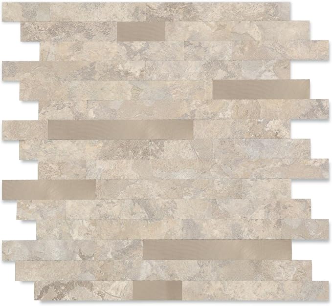 Yipscazo 20 Sheets Peel and Stick Stone Metal Tile Backsplash, Stick on Tiles for Backsplash Kitchen, Bathroom, Laundry Room, Camper, Fireplace (12'' X 12'', Beige Stone with Gold Metal)