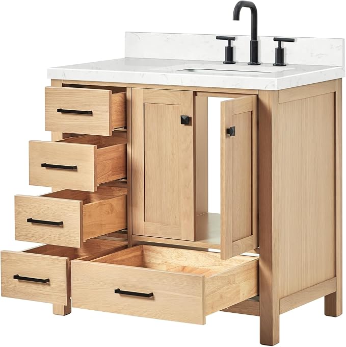 ARIEL Cambridge 36-inch Bathroom Vanity with Sink,Solid Wood, 1.5-inch Carrara White Quartz Countertop, Single Rectangular Porcelain Sink, 2 Soft Closing Doors, 5 Dovetail Drawers, White Oak