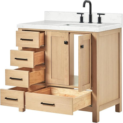 ARIEL Cambridge 36-inch Bathroom Vanity with Sink,Solid Wood, 1.5-inch Carrara White Quartz Countertop, Single Rectangular Porcelain Sink, 2 Soft Closing Doors, 5 Dovetail Drawers, White Oak