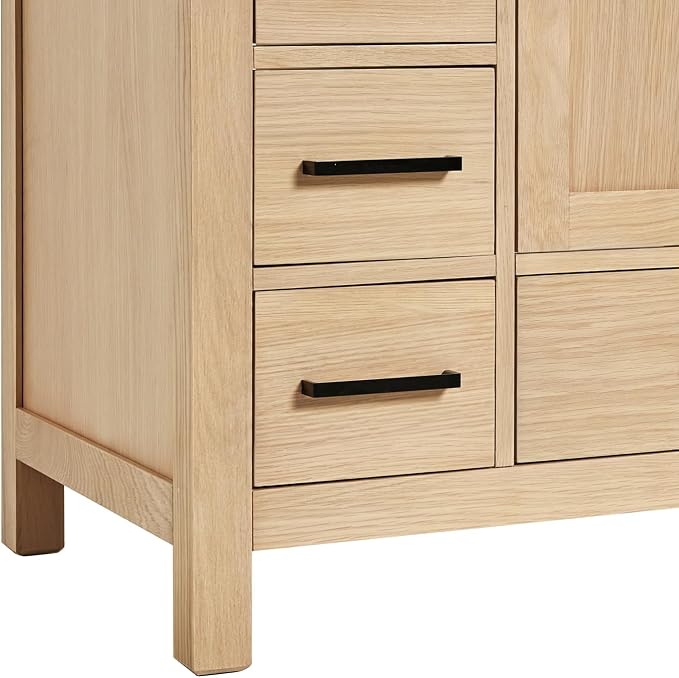 ARIEL Cambridge 42-inch Bathroom Vanity Base Cabinet,Solid Wood, 2 Soft Closing Doors, 5 Dovetail Drawers, White Oak
