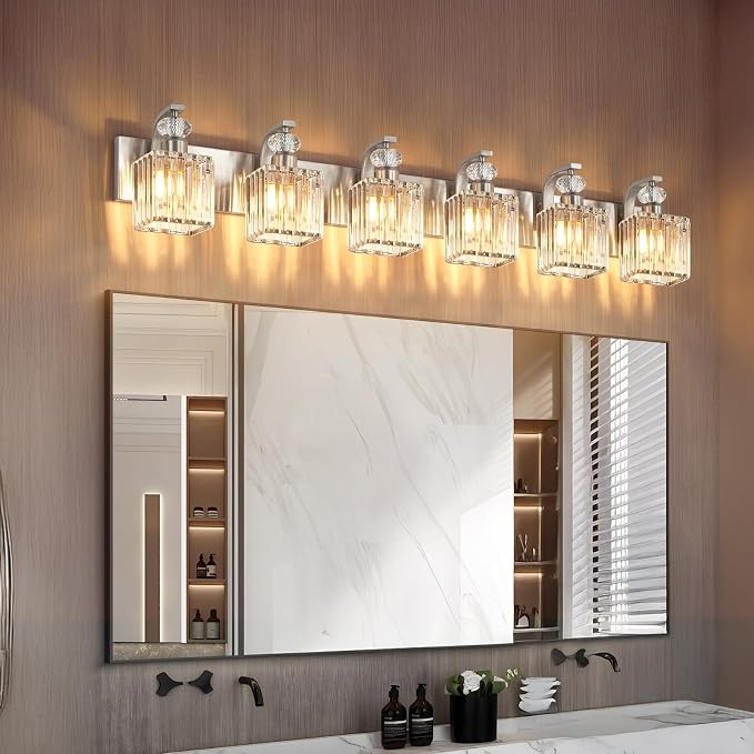 Modern Bathroom Vanity Light, 6-Light Nickel Bathroom Lighting Fixtures Over Mirror, 44.1" Crystal Wall Light Sconce for Bathroom/Bedroom/Vanity, Includes LED Bulbs, Easy Installation
