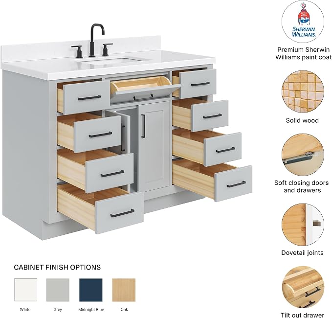 DKB Isabella 48-Inch Bathroom Vanity with Sink — Grey Single Sink Bathroom Vanity, 1.5" Edge Carrara Quartz Countertop, Solid Wood, 2 Soft-Close Doors, 8 Dovetail Drawers + Tilt Drawer