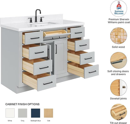 DKB Isabella 48-Inch Bathroom Vanity with Sink — Grey Single Sink Bathroom Vanity, 1.5" Edge Carrara Quartz Countertop, Solid Wood, 2 Soft-Close Doors, 8 Dovetail Drawers + Tilt Drawer