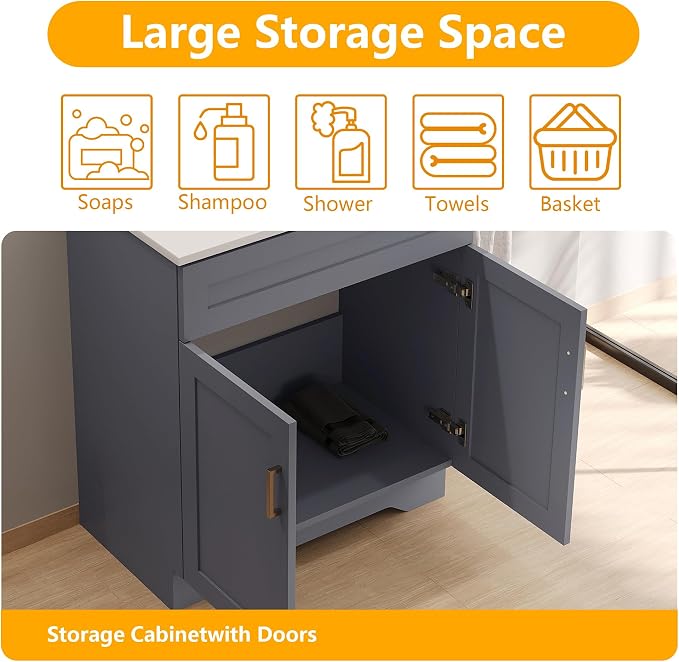 30 Inch Bathroom Vanity, Wooden Double Door Bathroom Sink Storage Cabinet, Freestanding Modern Bathroom Vanity Without Sink (Grey No Sink, 30")