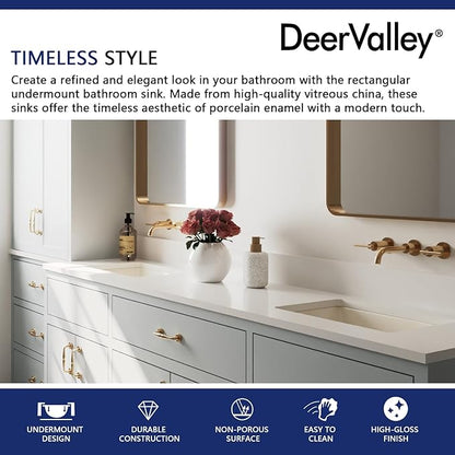 DeerValley DV-1U0085 Ally Rectangular Undermount Bathroom Sink 21'' x 15'' inch Vitreous China Bathroom Undermount Sink with Overflow, Bone