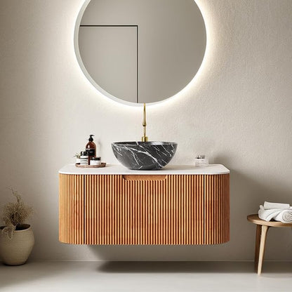 36" Bathroom Vanity with Sink, Floating Cabinet with Ultra-Thin Ceramic Basin and Marble Countertop, Large Storage Drawer, Soft-Close Design, No Assembly Required, Nature Wood with Black