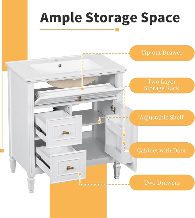 30" Bathroom Vanity with Ceramic Sink, Undermount Single Basin Bath Vanity Set w/1 Flip-Up & 2 Drawers,Modern Freestanding Storage Cabinet w/Adjustable Shelf,Solid Wood Frame,White