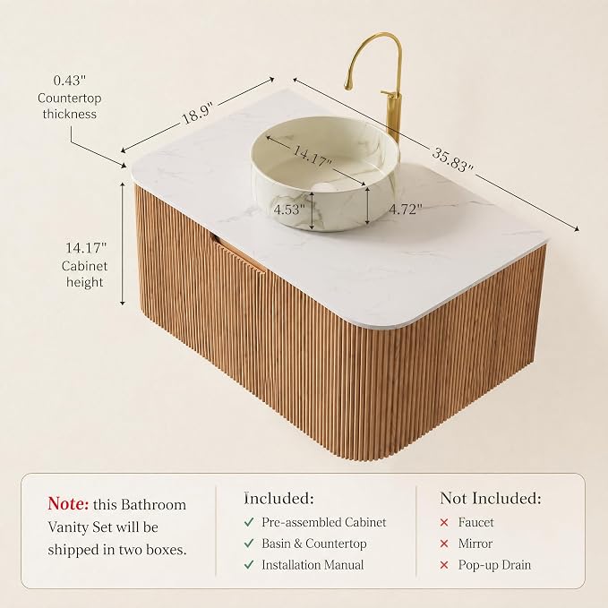 36 Inch Bathroom Vanity with Sink, Floating Wall Mounted Single Sink Vanity, Natural Woodgrain Curved Fluted Front, Stone Top, Marble-Look Round Vessel Basin, Pre-Assembled