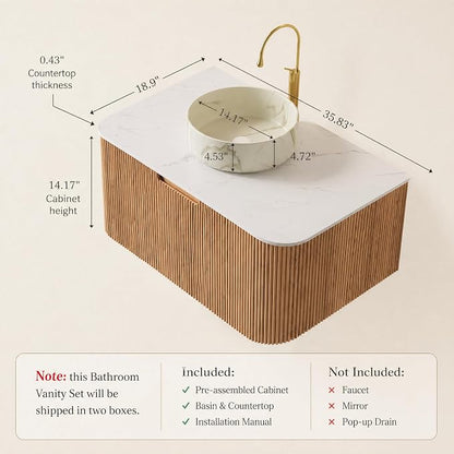 36 Inch Bathroom Vanity with Sink, Floating Wall Mounted Single Sink Vanity, Natural Woodgrain Curved Fluted Front, Stone Top, Marble-Look Round Vessel Basin, Pre-Assembled