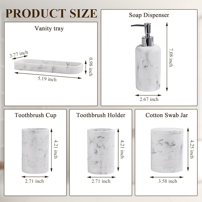 Bathroom Accessories Set, 6-Piece Bathroom Accessory Set, Toothbrush Holders Set, Soap Dispenser, Vanity Tray, Tumbler, Cotton Swab Jars, Bathroom Organizer for Modern Bathrooms (Marble White)