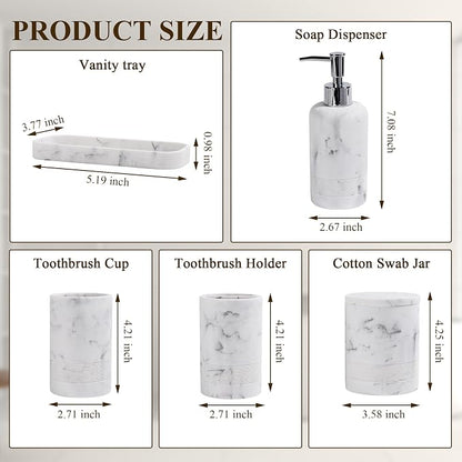 Bathroom Accessories Set, 6-Piece Bathroom Accessory Set, Toothbrush Holders Set, Soap Dispenser, Vanity Tray, Tumbler, Cotton Swab Jars, Bathroom Organizer for Modern Bathrooms (Marble White)
