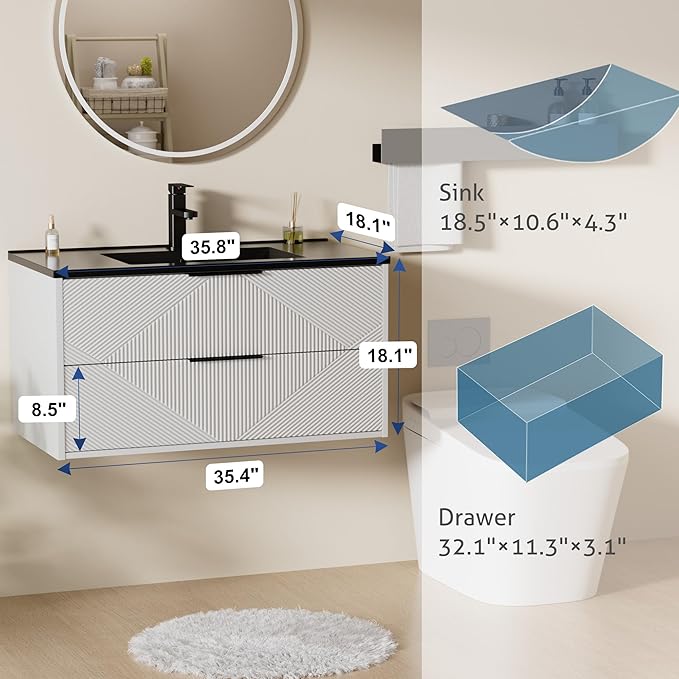LUCKWIND 36" Floating Bathroom Vanity with Black Sink Combo, Wall Mounted Floating Cabinet with 2 Large Soft-Close Drawers & Water Saving Faucet, Geometric Textured Design in White
