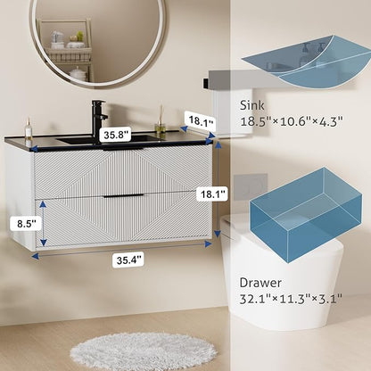 LUCKWIND 36" Floating Bathroom Vanity with Black Sink Combo, Wall Mounted Floating Cabinet with 2 Large Soft-Close Drawers & Water Saving Faucet, Geometric Textured Design in White
