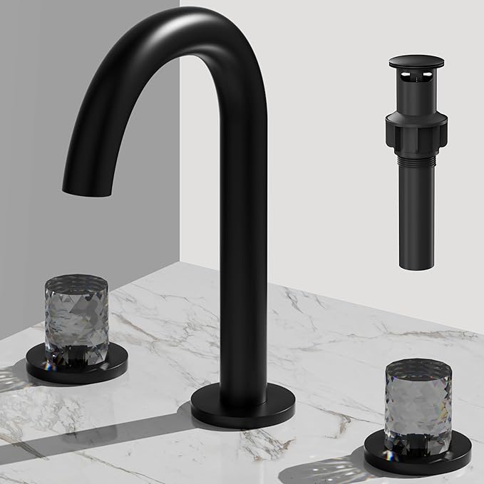 Bathroom Faucets for Sink 3 Hole, Bathroom Sink Faucet Widespread 8 Inch, Matte Black Faucet with Pop Up Drain and Hose